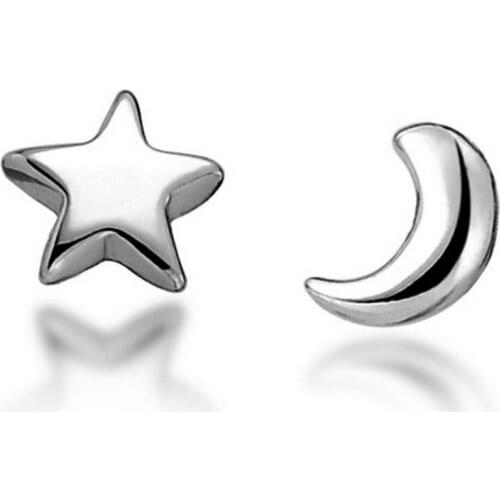 ANENJERY 925 Sterling Silver Simple Cute Asymmetrical Moon Star Small Stud Earrings Earrings For Women Jewelry S-E148