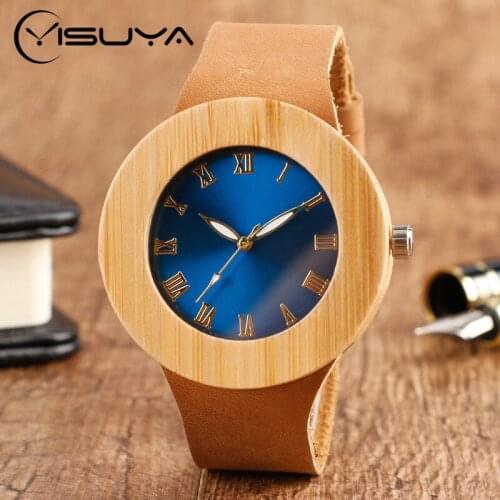 YISUYA Creative Bamboo Blue Green Wood Watch Dial Genuine Leather Casual Lovers Women Roman Number Quartz Wristwatch Relojes