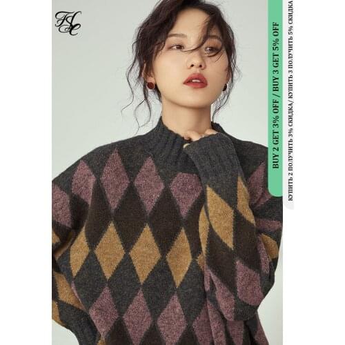 FANSILANEN Argyle Plaid Oversized Knitted Sweater Women Casual Streetwear Loose Spring Sweater Female Long Sleeve Vintage Jumper