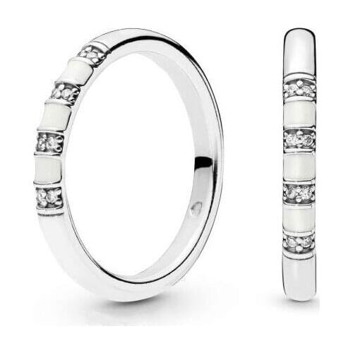 Original 925 Sterling Silver Pan Ring Silver And White Enamel Ring For Women Wedding Party Gift Fine Jewelry