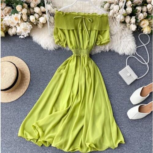 Summer womens runway fashion elastic slash neck chiffon dress female fashion chic slim sexy A-line beach dress TB193