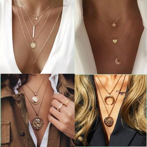 IF ME Vintage Multi Layered Coin Necklace For Women Boho Star Moon Geometric Round Chain Pendant Necklace Collar Jewelry New