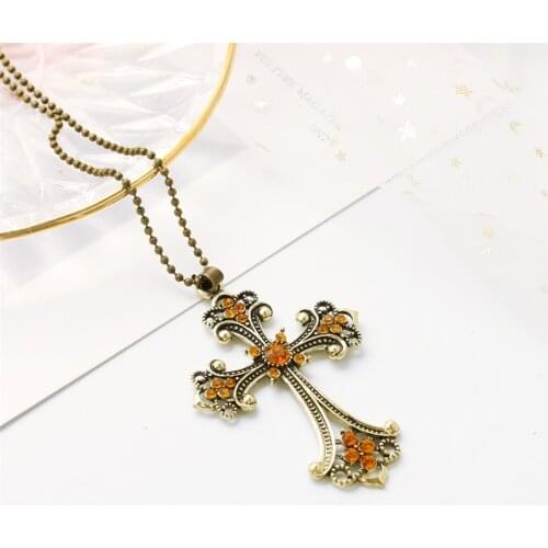 12 Pieces/Lot Large Cross Pendant Necklace Antique Gold Color CZ Beads Chain Jewelry Hollow Flower Crystal Charm Clavicle Choker