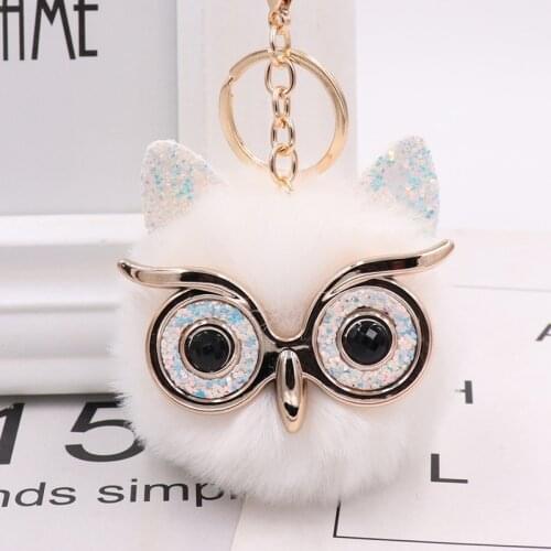 2021 Fashion Women Handicraft Animal Owl Fur Rabbit Hair Ball Pom Pom Charm Car Keychain Handbag Key Ring Pendant Key Ring