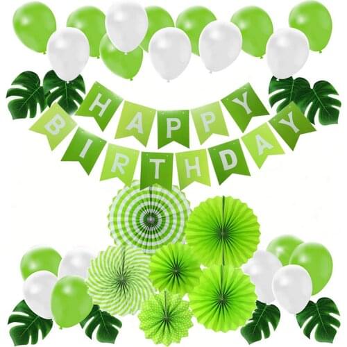 35pcs Birthday Party Decorations Set with Green Hanging Banner Paper Fans Palm Leaves Balloon for Birthday Summer Party Supplies