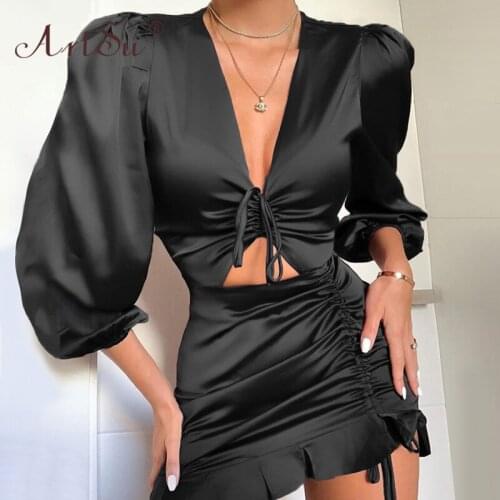 ArtSu Chic Black Women Satin Dresses Drawstring V-Neck Bodycon Ruffles Sexy Party Dress Hollow Out Long Sleeve Ruched Mini Dress
