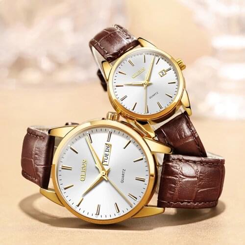 OLEVS Couple watches for Lover Ladies Fashion Casual leather Waterproof Quartz Mens Womens Wristwatch Luxury Lovers Watch Gifts