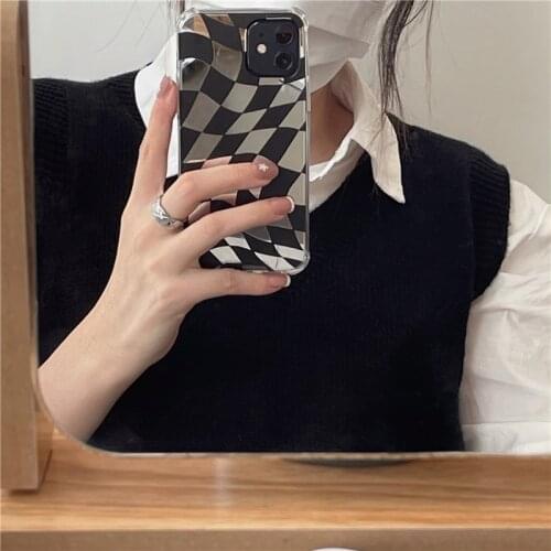 Korean Checkerboard Lattice Mirror 3D Bear Bracket Protect soft phone case for iphone 8 7 Plus 12 Pro 11 Pro Max X XR XS cover