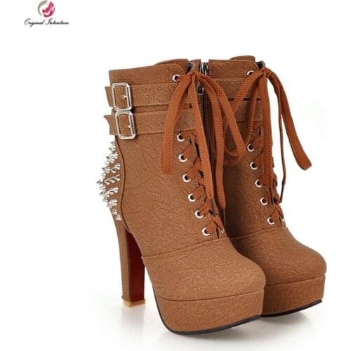 Original Intention Elegant Women Lace-Up Ankle Boots Round Toe Platform Square Heels Stylish Shoes Woman Mature Rivet 2 Buckles
