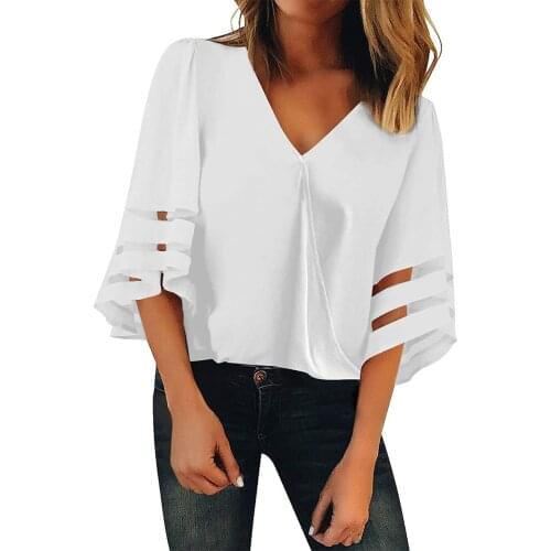 Elegant Blouses Womens V Neck Mesh Panel Blouse 3/4 Bell Sleeve Cross Casual Loose Top Blouse Shirts Hollow Out Retro Топ