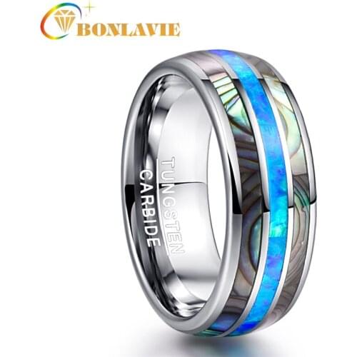 Men Ring 8mm Wide Round Dome Shells Rings for Men 100% Real Blue Opal Tungsten Steel Rings Anniversary Party Jewelry