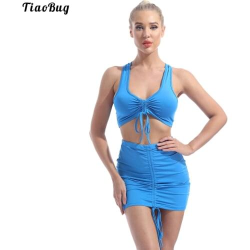 Summer Women 2Pcs Swimwear Outfits With Adjustable Pleated Strap Round Neckline Sleeveless Crop Top Elastic Waistband Skirt