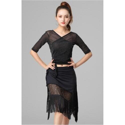 2021 New Fashion Sexy Middle-sleeve Latin Dance Practice Clothes Top And Skirt Ballroom Dance Dress For Women Ballroom Costumes