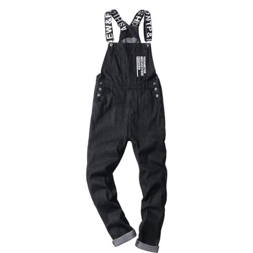 New Mens Male slogan letters printed black denim bib overalls Fashion slim fit jumpsuits Plus size jeans pants