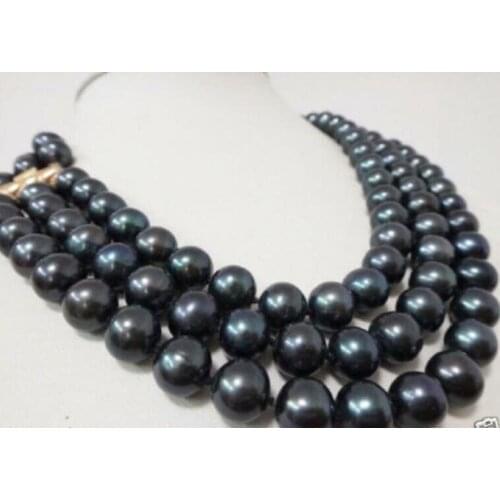 Charming 3 Row 9-10MM NATURAL TAHITIAN BLACK PEARL NECKLACE 17-19" Yellow Clasp