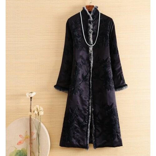 Autumn And Winter Women Parka Outerwear Retro Embroidery Floral Elegant Slim Lady Warm Luxurious Trench Coat Female S-XXL