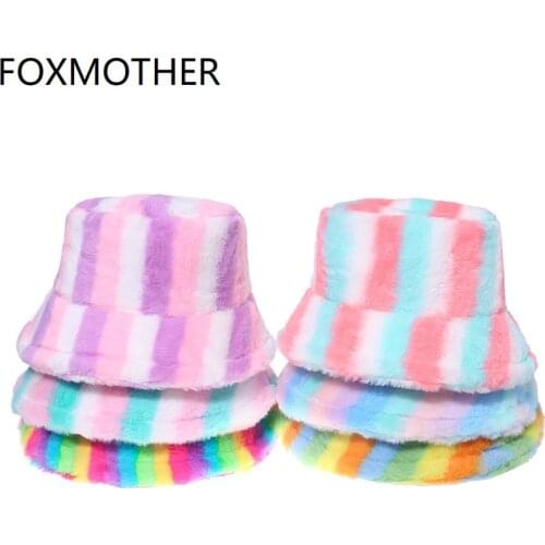 FOXMOTHER New Outdoor Bob Panama Winter Warm Thicken Rainbow Striped Faux Fur Bucket Hat Fishing Fisherman Caps Women Ladies