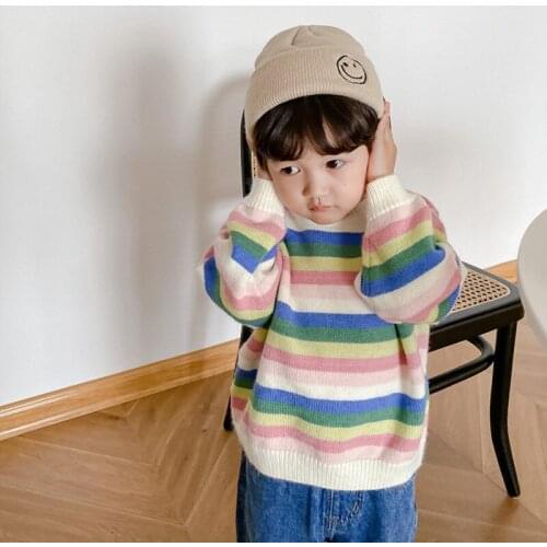 Scoop Rainbow Pullover Knitting Kids Sweaters Spring Winter Baby Girls Warm Tops Bottoming Children Clothes High Quality