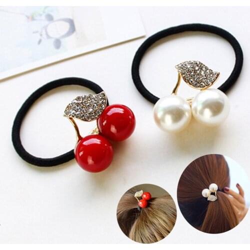 Fashion Cute Girls Women Hair Accessories Pearl Crystal Leaf Cherry Leaves Elastic Hair Rope Rubber Hair Bands