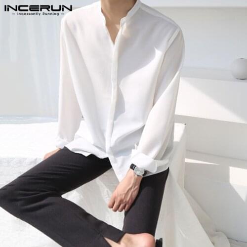 INCERUN Fashion Men Casual Shirt Streetwear Long Sleeve Stand Collar Button Camisas 2021 Korean Solid Color Men Brand Shirts 5XL