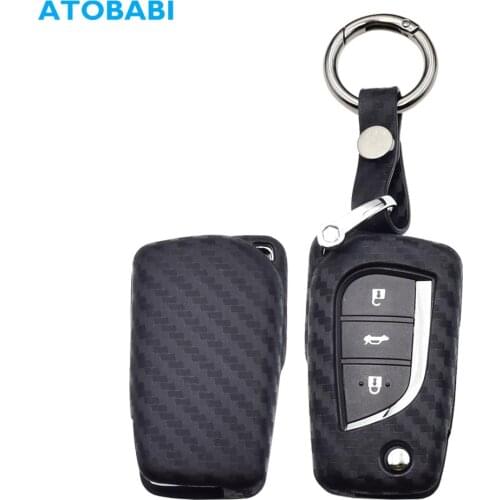 Carbon Silicone Car Key Case For Toyota Yaris Reiz Carola Rav4 2 3 Button Folding Remote Fob Protector Cover Keychain Holder Bag