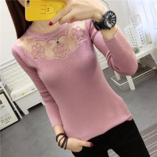 Rhinestone Lace splice 2020 Spring Pullovers Women Sexy Slim Irregular O-Neck Sweater knit Flower embroidery Long Sleeve Jumpers