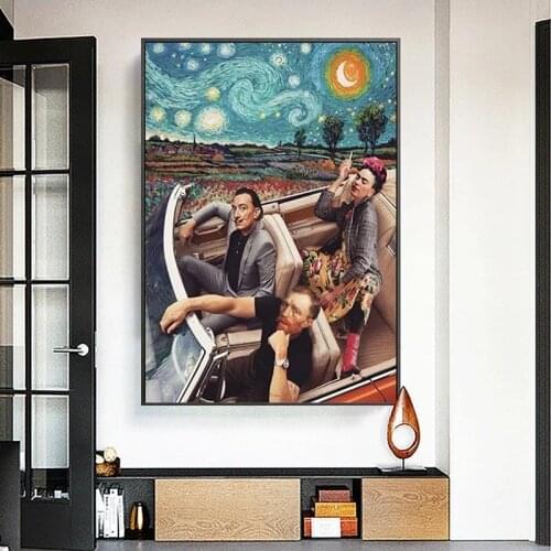 Funny Character Art Blue Starry Van Gogh Driving Posters and Prints Canvas Paintings Wall Art Pictures for Living Room Decor