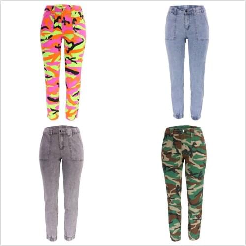 2021 Autumn New 7 Colors High Waist Women Camouflage Jeans Street Casual High Stretch Ankle-Length Denim Cargo Pants S-3XL