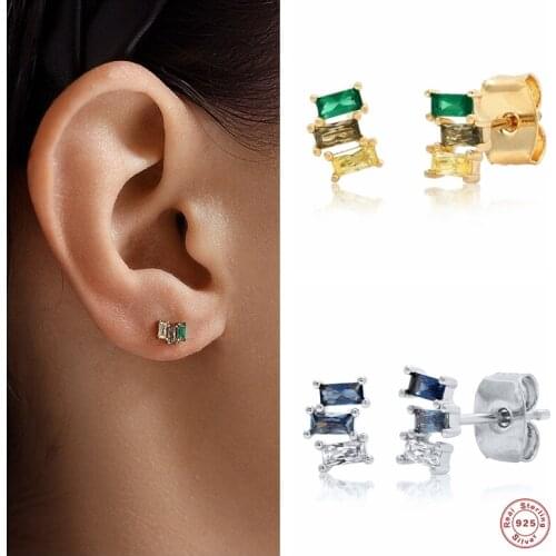 Aide 925 Sterling Silver Colorful Three Zircon Stud Earrings Women Rectangle Crystal Piercing Ear Stud Pendientes Fine Jewelry