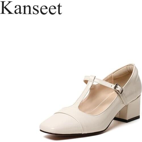 Kanseet New Arrival Women Pumps 2021 Spring Autumn Sweet Style Genuine Leather Square Toe Handmade Buckle Strap High Heels Shoes
