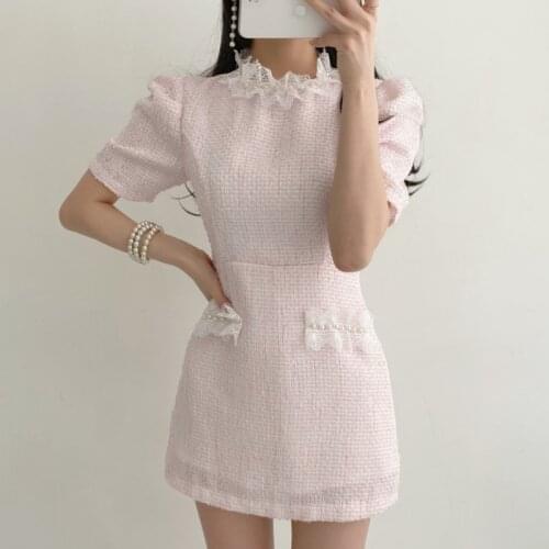 2021 Summer Elegant Lace Patchwork Tweed Dress Women Korean Elegant Long Sleeve Small Fragrant Woolen Mini Party Dress Vestidos