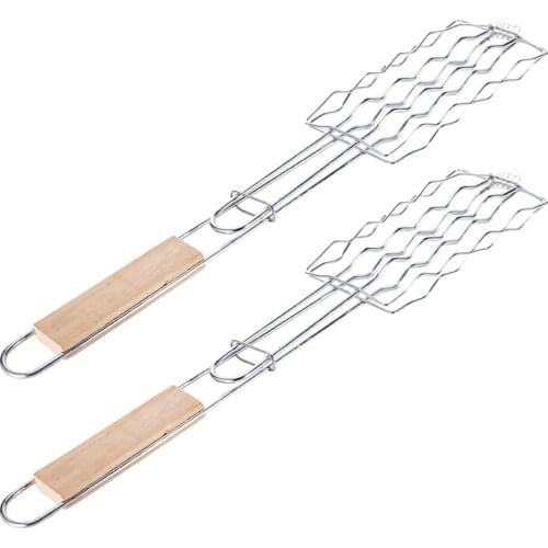 2 Pack Wooden Handle Anti Scald Fish Camping Grilling Basket Picnic Barbecue Accessories Sausage Cookware Non Stick BBQ