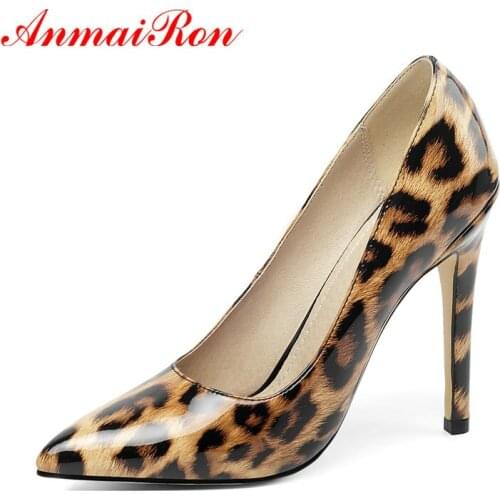 ANMAIRON 2020 Sexy High Heels Patent Leather Pointed Toe Party Slip-On Ladies Shoes Thin Heels Basic Mature Leopard Women Shoes