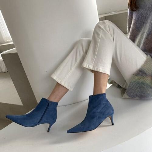 Size 33-42 Pointed Toe Fashion Zipper Women Winter Slip on Thin High Heels Short Ankle Booties Solid Color Sexy Shoes