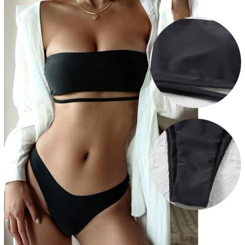Black womens sexy solid Bikini Swimsuit split womens swimsuit two piece set high waist solid bikini women Strój kąpielowy