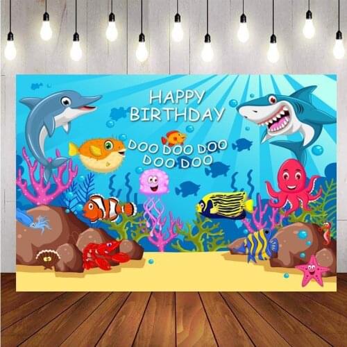 Shark Birthday Backdrop Baby Shower Fish Shell Bubble Party Underwater World Cartoon Photography Background For Photo Studio