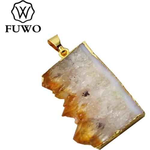FUWO Natural Citrite Slice Pendant 24K Gold Electroplate Rectangle Yellow Crystal Quartz Fashion Jewelry Wholesale PD036