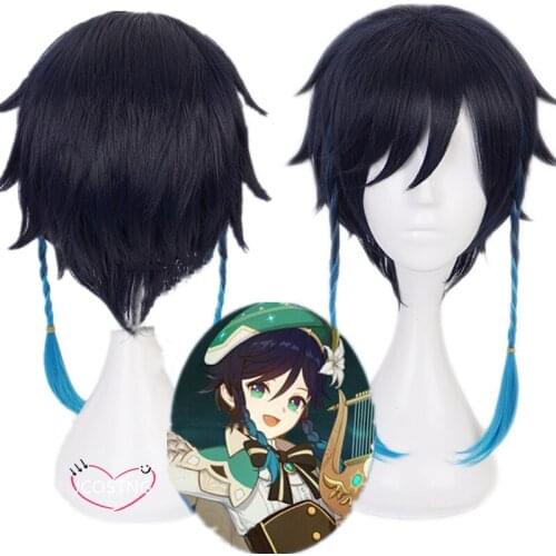 Hot Game Genshin Impact Venti Gradient Blue Wig Braids Cosplay Costume Heat Resistant Synthetic Hair Halloween Party Wigs