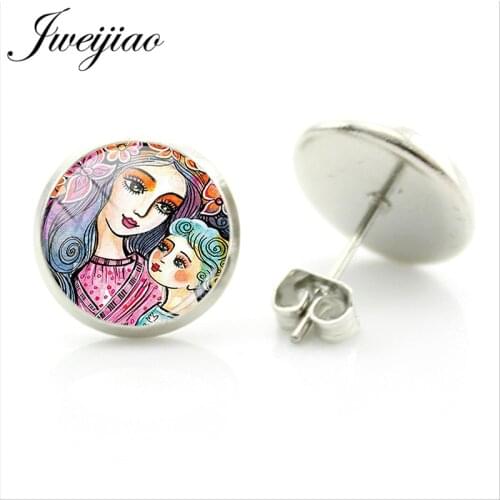 JWEIJIAO Classic Mother And Son Daughter Stud Earring Glass Cabochon Folk Art Painting Alloy Ear Jewelry Mothers Day Gift mm218