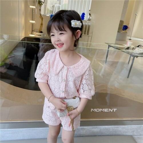 Sweet Girls Lace Bouse and Shorts 2pcs Set Pink Embroidery Baby Girl Outfit Hallowed Flowers Knit Summer Boutique Clothing