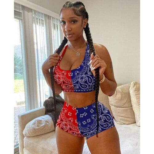 Workout Bandana Print Two Piece Set Women Summer 2021 Beachwear Tank Crop Top and Shorts Matching Set Sportwear Jogger Tracksuit