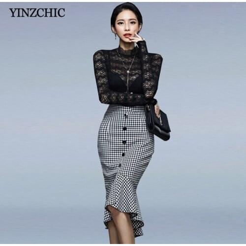 New Spring OL 2pc Suits Black Lace Blouse + Houndstooth Mermaid Skirt Suits for Woman Female Slim Blouse Skirt Set Suits
