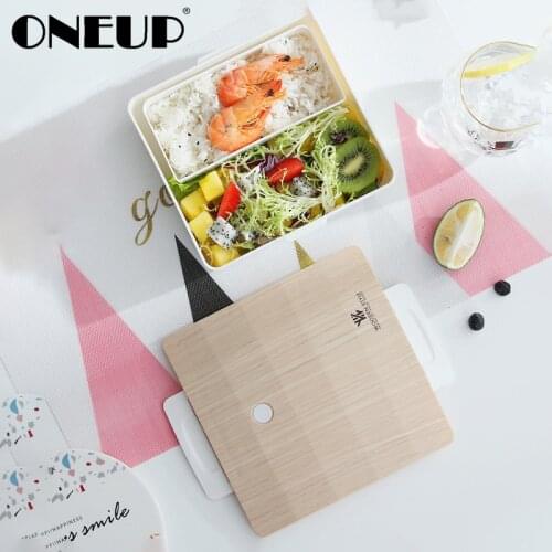 ONEUP Lunch Box With Wooden Cover Portable Food Container Picnic Office Leakproof Compartment Food Container School Lunch Box