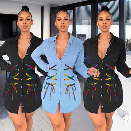 Zoctuo Mini Dress Shirt Colorful Bandage Turn Down Collar Jean Dresses Bodycon Sexy Slim Autumn Winter Long Denim Coat For Women