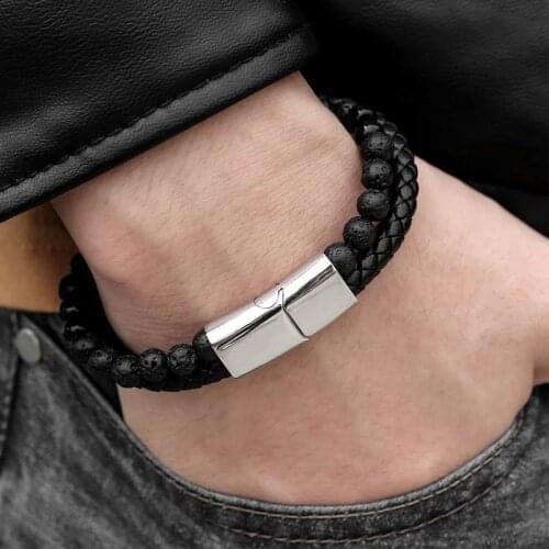 Charm Rope Stainless Steel Magnetic Natural Stone Leather Man Bracelet Beaded Braclet Volcanic Stone Bracelet Bangles Chain