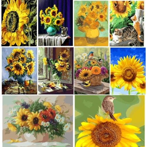 Frameless Picture By Numbers Kit Sunflowers Modern Home Wall Art Oil Painting DIY Handpaint Picture Flowers Painting by numbers