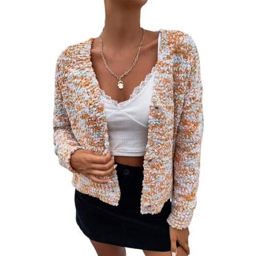 2021 New Womens Casual Long Sleeve Cardigan Fashion Tie-dye Short Style Single-breasted Knitted Coat