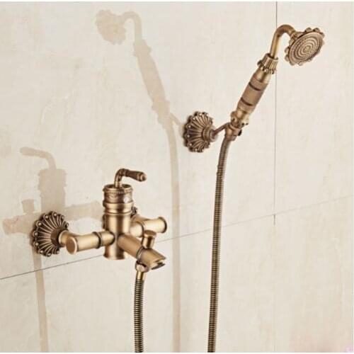 New Arrivals Luxury Antique Brass Carved Bathtub Faucet with Hand held Shower head Wall Mounted Bathtub Faucet set free shipping