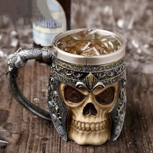 Retro Dragon Resin Double Stainless Steel Beer Mug Skull Knight Halloween Coffee Cup Creative Viking Tea Mug Pub Bar Decoration