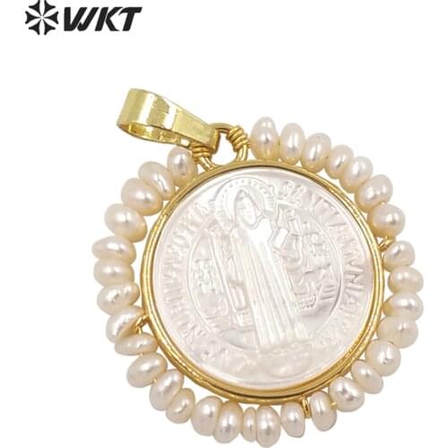 WT-JP257 WKT Natural wire wrapped Our Blessed Joseph of Cupertino Shell pendant with natural pearl pearl charm Christian pendant